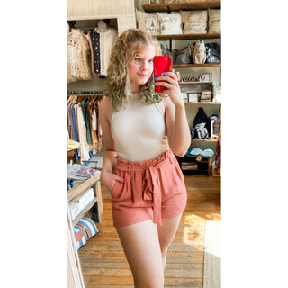 Highwaisted Tie Front Shorts in Clay EE-12
