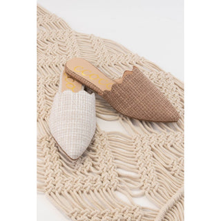 Scallop Edge Linen Mule Flat in Tan