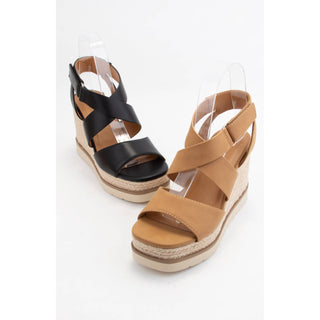 Cross Velcro Strap Wedge in Tan