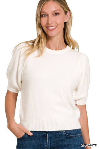 Melange Puff Short Sleeve Round Neck Sweater PO-18