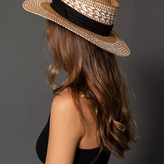 Tan White Zia Two-Tone Straw Boater Hat w/ Contrast Band